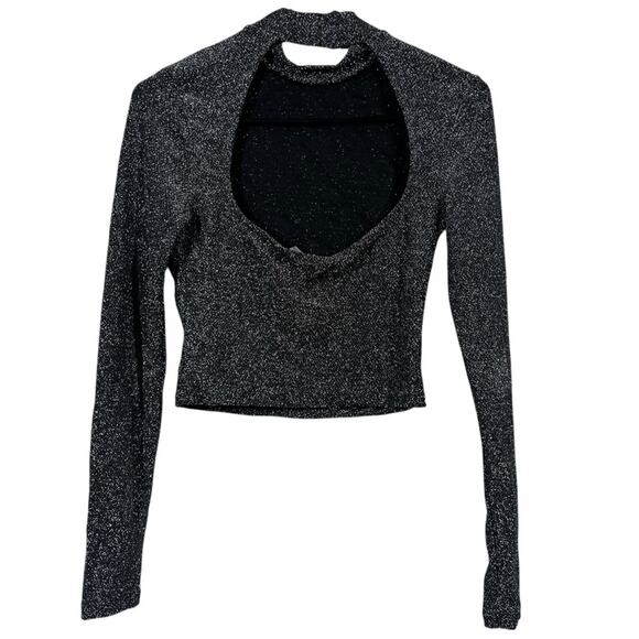 H&M Metallic Crop Top Womens S Black Sparkly Open Back Spacecore Going Out - Picture 3 of 5